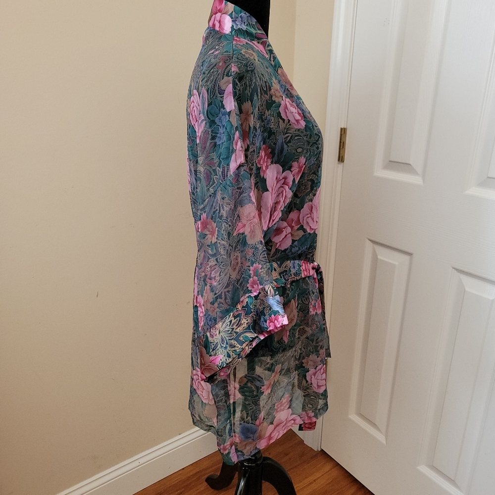 Victoria's Secret Gold Label Vintage Sheer and Satin Green Pink Floral Robe OS - Picture 3 of 9